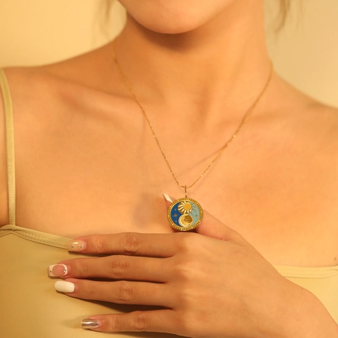 Collar Colgante Redondo Carta De Tarot Acero Inoxidable Chapado En Oro Esmalte Sol Luna Estrella Joyería Bohemio Vintage Mujeres