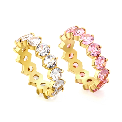 Stainless Steel Eternity Ring With Clear Pink Zirconia Full Circle Pave Inlaid Gold Silver Plated Fashion Women Jewelry Gift