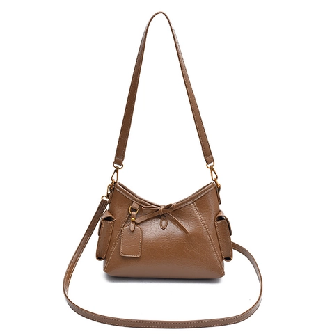 Women Vintage PU Leather Bucket Bag With Bow Decoration Oil Wax Texture Crossbody Shoulder Bag For Daily Commute Office