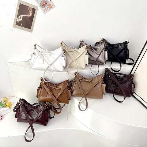 Women Vintage PU Leather Bucket Bag With Bow Decoration Oil Wax Texture Crossbody Shoulder Bag For Daily Commute Office