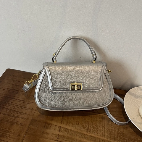 Women Retro Crossbody Bag PU Leather Lychee Pattern Contrast Color Handbag With Turn Lock And Detachable Shoulder Strap