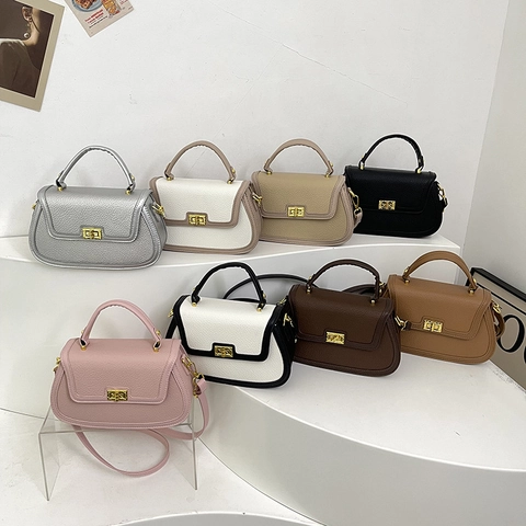 Women Retro Crossbody Bag PU Leather Lychee Pattern Contrast Color Handbag With Turn Lock And Detachable Shoulder Strap