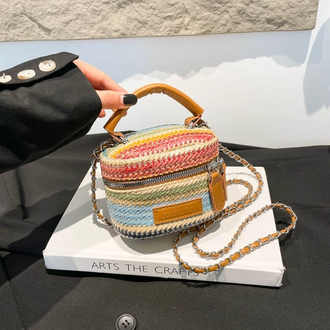 Women Mini Straw Woven Crossbody Bag Rainbow Striped Bucket Bag With Chain Strap PU Handle Fashion Small Handbag For Vacation