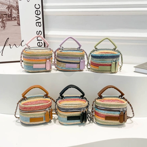 Women Mini Straw Woven Crossbody Bag Rainbow Striped Bucket Bag With Chain Strap PU Handle Fashion Small Handbag For Vacation
