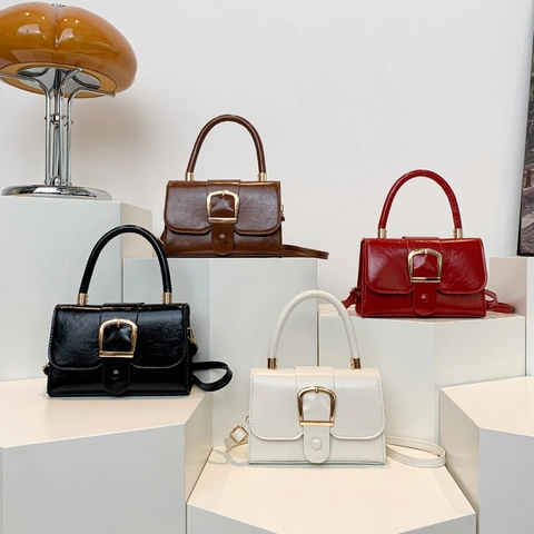 Vintage Women PU Leather Crossbody Bag Glossy Oil Wax Small Square Handbag With Top Handle And Golden Buckle Fashion