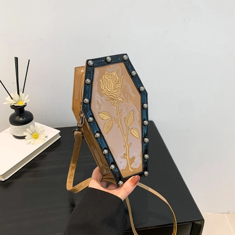 Gothic Coffin Shaped Crossbody Bag For Women Rose Embroidery Spiderweb Pattern Rivet Punk Style PU Leather Shoulder Bag