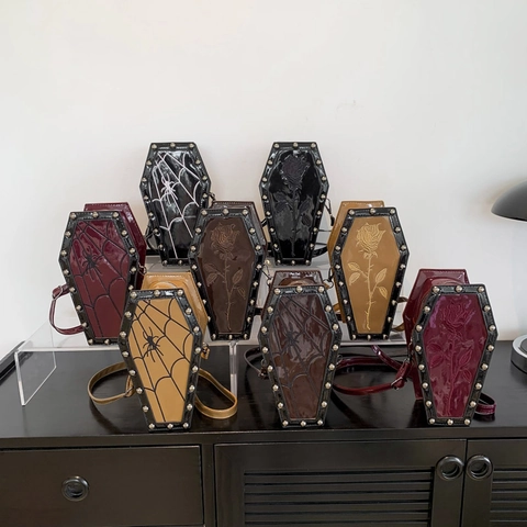 Gothic Coffin Shaped Crossbody Bag For Women Rose Embroidery Spiderweb Pattern Rivet Punk Style PU Leather Shoulder Bag