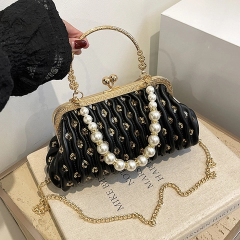 Pleated Sequin Evening Clutch Bag Women Retro PU Leather Artificial Pearl Handle Kiss-lock Chain Crossbody Shoulder Purse