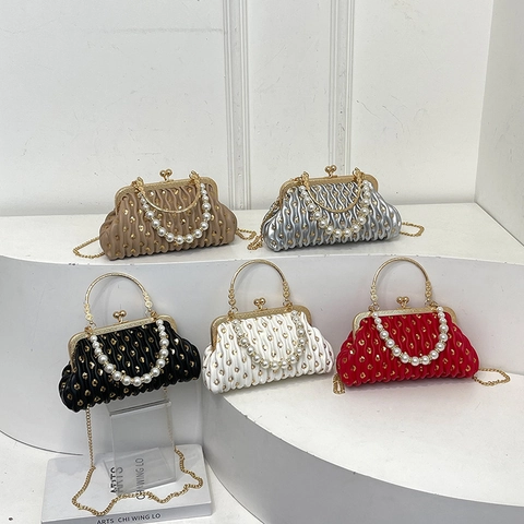 Pleated Sequin Evening Clutch Bag Women Retro PU Leather Artificial Pearl Handle Kiss-lock Chain Crossbody Shoulder Purse