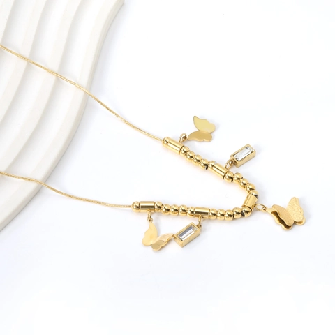 Collier Pendentif Papillon Acier Inoxydable Plaqué Or Avec Zircon Bijoux Délicats Pour Femmes Style Élégant Poli