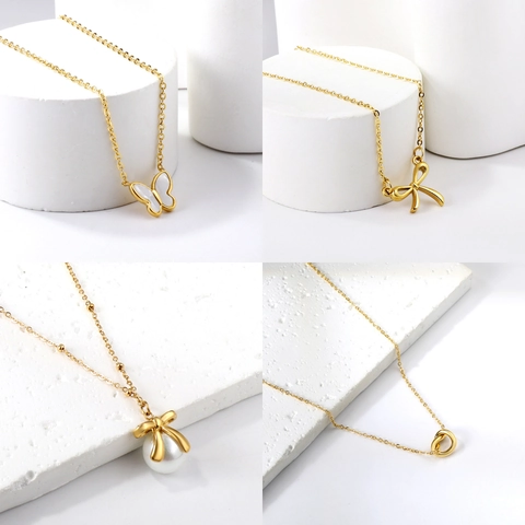 18K Gold Plated Stainless Steel Bow Knot Pendant Necklace Minimalist Heart Artificial Pearl Choker Necklace For Women Jewelry Gift