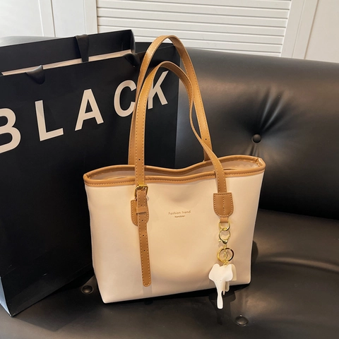 Bolso Tote Para Mujer Gran Capacidad Cuero PU Retro Color De Contraste Bolso De Hombro Con Colgante De Elefante