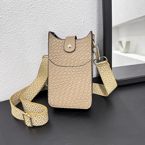 Women PU Leather Phone Crossbody Bag With Woven Texture Wide Geometric Shoulder Strap Small Square Pouch
