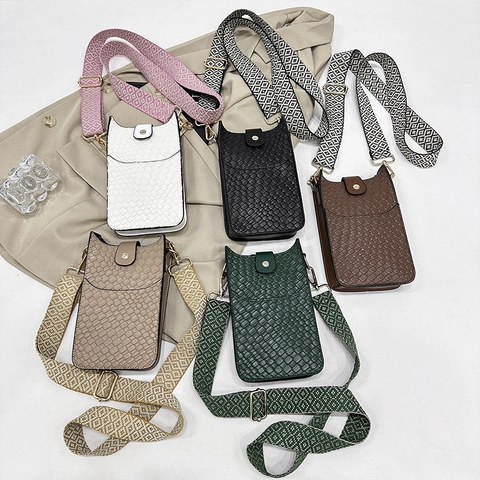Women PU Leather Phone Crossbody Bag With Woven Texture Wide Geometric Shoulder Strap Small Square Pouch