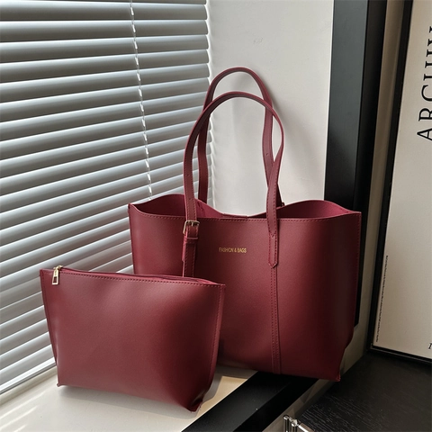 Women Vintage PU Leather Tote Bag With Inner Pouch Large Capacity Minimalist Shoulder Bag For Daily Commuting Office Lady