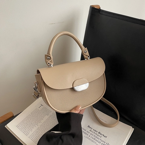 Women Saddle Crossbody Bag PU Leather Woven Patchwork Top Handle Adjustable Strap Contrast Color Fashion Casual Retro
