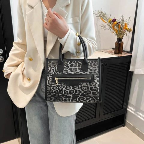 Damen Mode Leopardenmuster PU Leder Tote Bag Große Kapazität Pendler Handtasche Mit Metallreißverschluss Dekoration