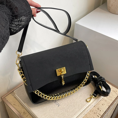 Vintage Women Crossbody Bag Patchwork PU Leather Matte Gold Chain Decor Flap Small Square Shoulder Bag