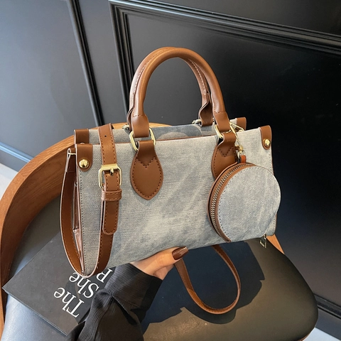 Women Large Capacity Contrast Color Tote Bag Vintage PU Leather Denim Canvas Patchwork Handbag With Round Coin Purse Charm