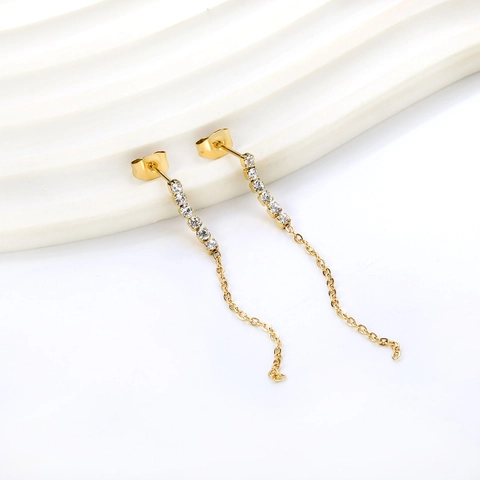 Lange Quaste Kette Ohrringe Gold Vergoldeter Edelstahl Mit Weißem Zirkon Drop Eleganter Modeschmuck Für Frauen