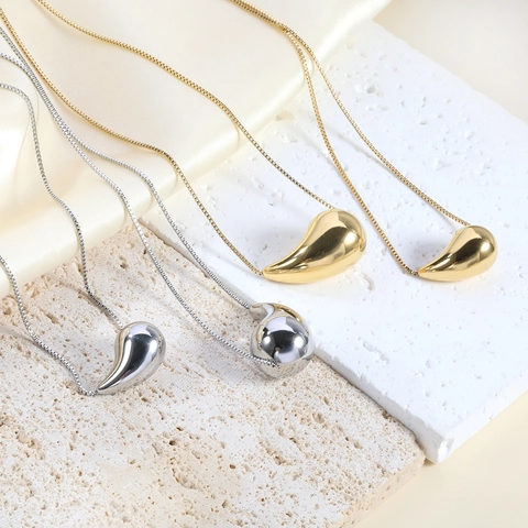 Teardrop Pendant Necklace Polished Stainless Steel Minimalist Water Drop Bean Shape Jewelry For Women