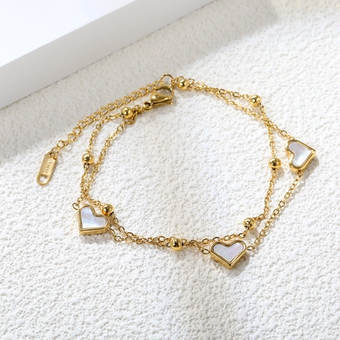 Bracciale Doppio Strato In Acciaio Inossidabile Con Pendente A Cuore Per Donna Placcato Oro 18K Intarsio Conchiglia Bianca