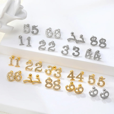 Stainless Steel Zircon Stud Earrings Arabic Number 0-9 Screw Back Ball Studs Minimalist Fashion Jewelry For Women