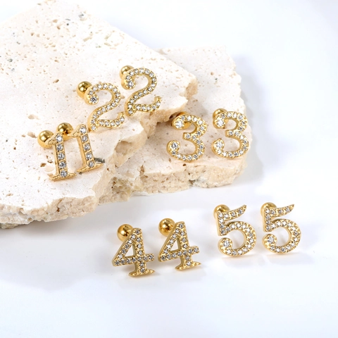 Stainless Steel Zircon Stud Earrings Arabic Number 0-9 Screw Back Ball Studs Minimalist Fashion Jewelry For Women