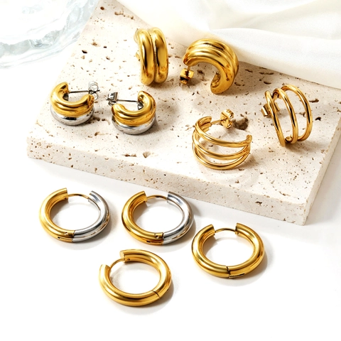 Minimalist Geometric Stainless Steel Hoop Earrings Bicolor Double Layer C Shaped Chunky Polished Modern Fashion Jewelry