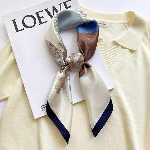 Elegant Pure Mulberry Satin Square Scarf Artistic Floral Print Women Neck Head Scarf Accessory