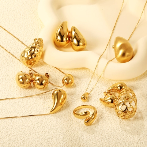 Teardrop Necklace Earrings Jewelry Stainless Steel Gold Plated Polished Minimalist Hollow Geometric Water Drop For Women