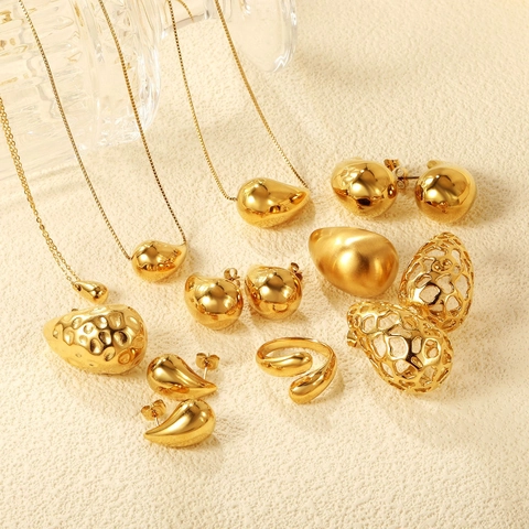 Teardrop Necklace Earrings Jewelry Stainless Steel Gold Plated Polished Minimalist Hollow Geometric Water Drop For Women