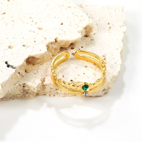 Anello Aperto A Doppio Strato Placcato Oro 18K Acciaio Inossidabile Pietra Verde Zircone Gioielli Retro Vintage Per Donna