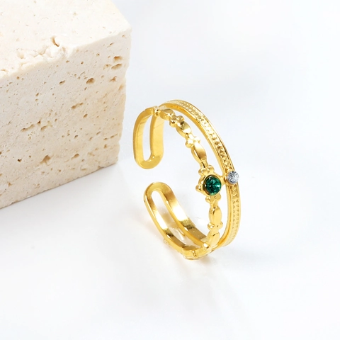 Anello Aperto A Doppio Strato Placcato Oro 18K Acciaio Inossidabile Pietra Verde Zircone Gioielli Retro Vintage Per Donna