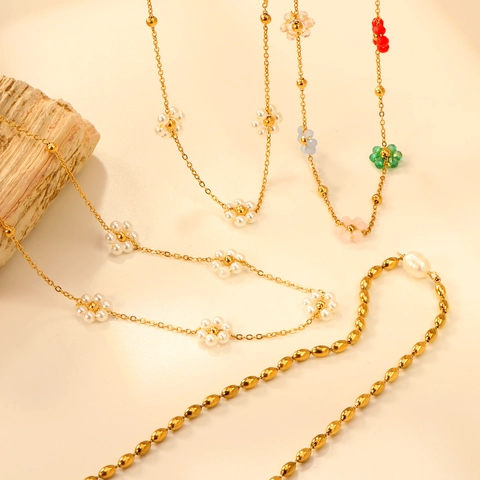 Collier Fleur Acier Inoxydable Femmes Avec Künstliche Perles Artificielles Et Künstliche Perles Style Coréen Doux Pendentif Floral Bijoux