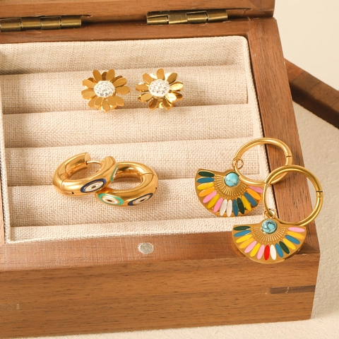 Orecchini A Cerchio Bohemien Placcati Oro 18K Acciaio Inossidabile Turchese Smalto Colorato Forma Ventaglio Margherita