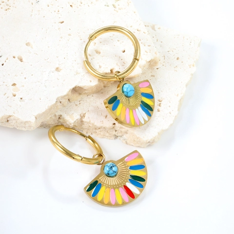Orecchini A Cerchio Bohemien Placcati Oro 18K Acciaio Inossidabile Turchese Smalto Colorato Forma Ventaglio Margherita