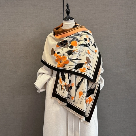 Sciarpa Scialle Spessa Calda Imitazione Cashmere Donna Vintage Floreale Farfalla Jacquard Con Nappine Versatile Autunno