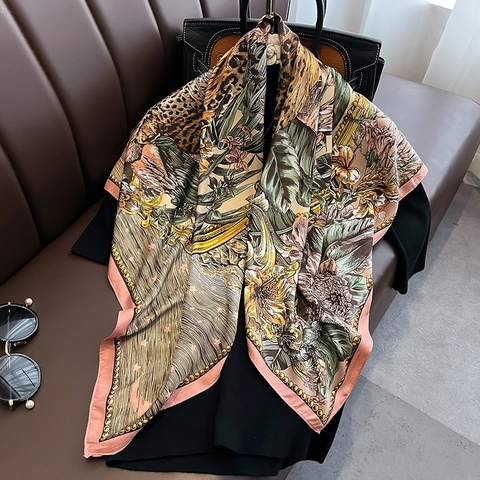 Satin-Like Square Scarf Leopard Tropical Floral Print Polyester Fashion Wrap Headscarf Artistic For Women
