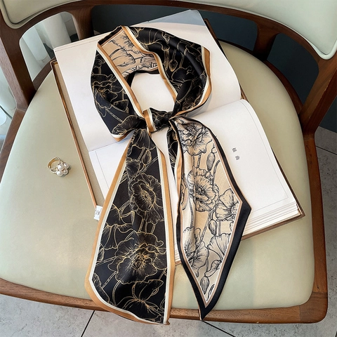 Vintage Poppy Floral Print Skinny Scarf For Women Satin Long Twilly Neck Tie Hair Band Elegant Handbag Accessory Ribbon