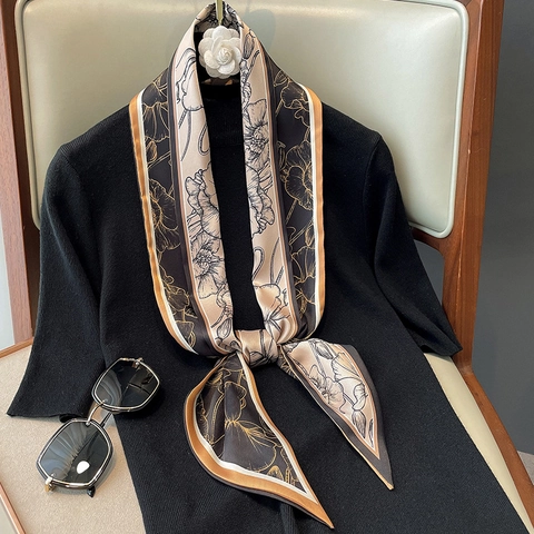 Vintage Poppy Floral Print Skinny Scarf For Women Satin Long Twilly Neck Tie Hair Band Elegant Handbag Accessory Ribbon
