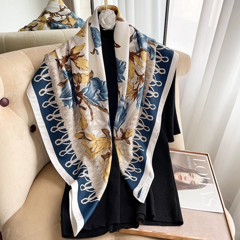 Women Large Square Scarf Floral Print Retro Polyester Satin Feeling Elegant Neck Scarf Shawl Wrap