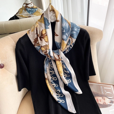 Women Large Square Scarf Floral Print Retro Polyester Satin Feeling Elegant Neck Scarf Shawl Wrap