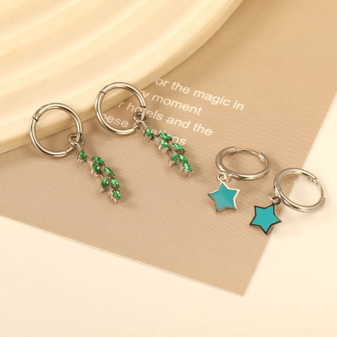 Edelstahl Blatt Stern Creolen Mit Grünem Zirkon Und Blauem Emaille Anhänger Schmuck Für Damen