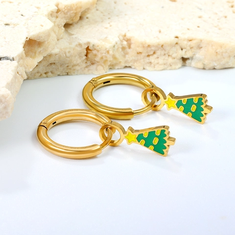 Pendientes De Aro Con Colgante De Árbol De Navidad Acero Inoxidable Chapado En Oro Esmalte Verde Joyas De Fiesta Para Mujeres