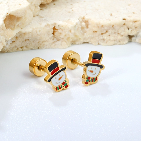 Snowman Stud Earrings Gold Plated Stainless Steel Enamel Christmas Holiday Jewelry With Twist Back For Women