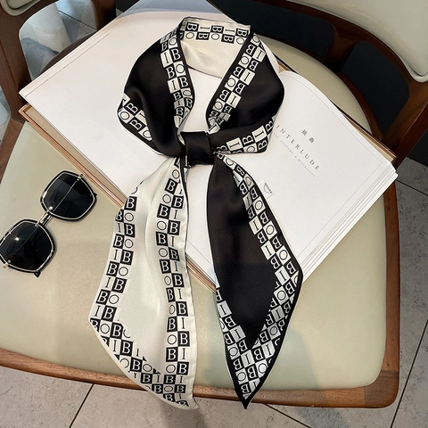 Satin Skinny Scarf For Women Geometric Letter Print Long Thin Neck Tie Handbag Handle Ribbons Hair Band Accessory