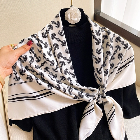 Foulard Quadrato Elegante Da Donna In Raso Simil Raso Stampa Ancora Nautica Scialle Di Moda Protezione Solare