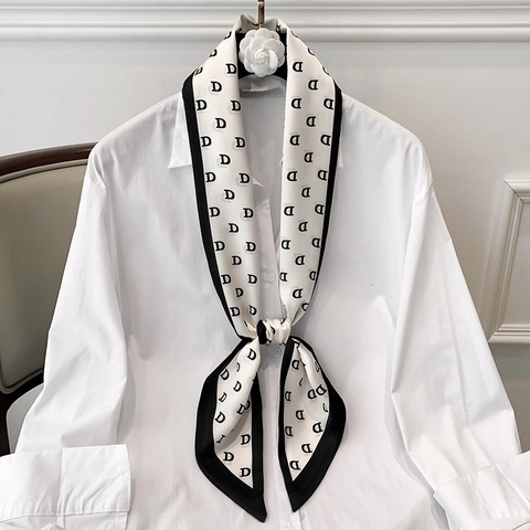 Elegant Skinny Scarf Satin Polyester Narrow Necktie Letter Print French Style Hair Band Bag Handle Wrap For Women