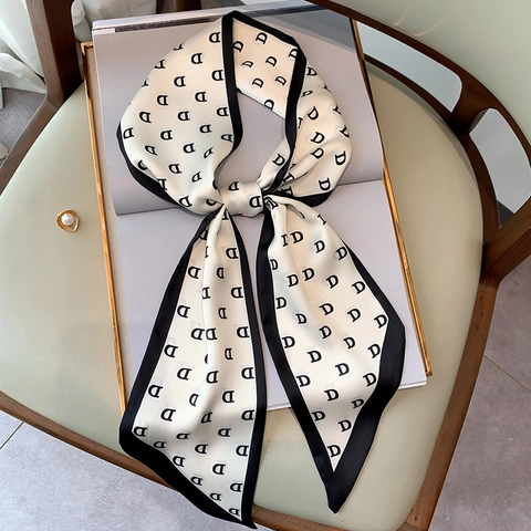 Elegant Skinny Scarf Satin Polyester Narrow Necktie Letter Print French Style Hair Band Bag Handle Wrap For Women